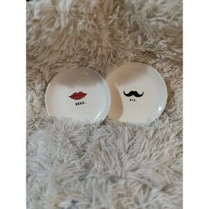 2 Rae Dunn His Mustache Hers Lips Oval Plate Set Dessert Appetizer Wedding Gift